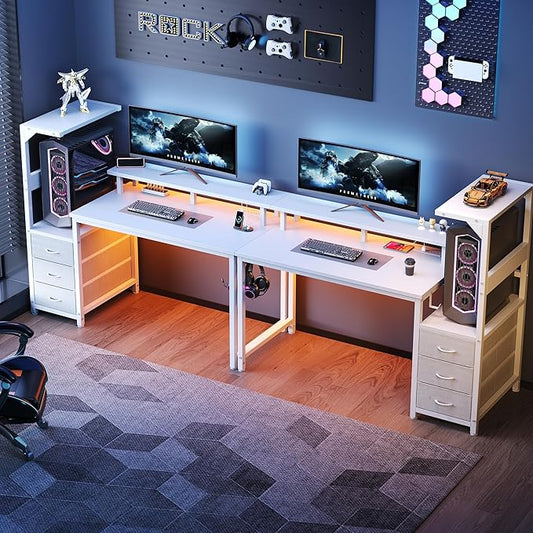 DUMOS L Shaped Gaming Desk with Shelves Storage Drawers 52'', White Computer Desks with LED Lights Power Outlets, Office Wood Table with PC Stand Cable Management for Bedroom Dual Monitor Streaming