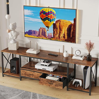GYIIYUO TV Stand with Fabric Drawers for 80 85 Inches TV - Entertainment Center and Industrial TV Console Table with Open Storage Shelves for Living Room, Bedroom- 79.1" Rustic Brown