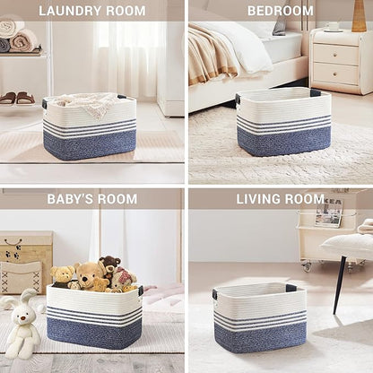 45L Small Laundry Basket with Leather Handles for Living Room Storage, Woven Rope Baskets Bin for Blanket, Kids Toy, Gifts, Wicker Hamper for Bedroom Dirty Clothes, 18"x14"x11" Denim Blue