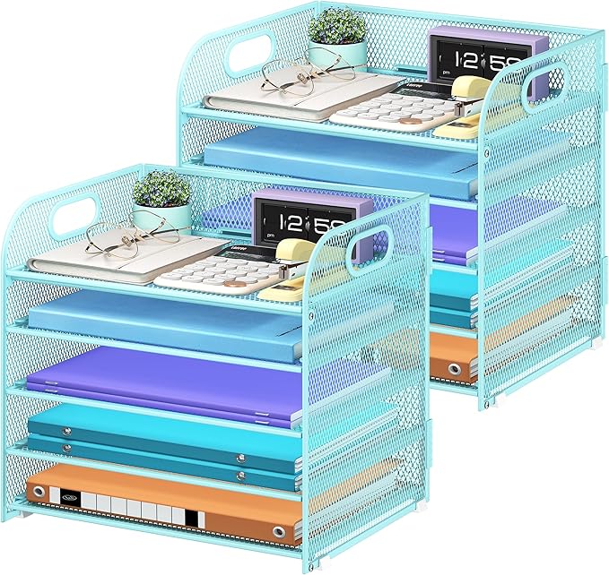 2 Pack 5 Tier Paper Organizer, Letter Tray with Handle, Mesh Desk Organizer, Metal File Organizer, Office Desk Accessories for Home, Office, Classroom, School -Blue