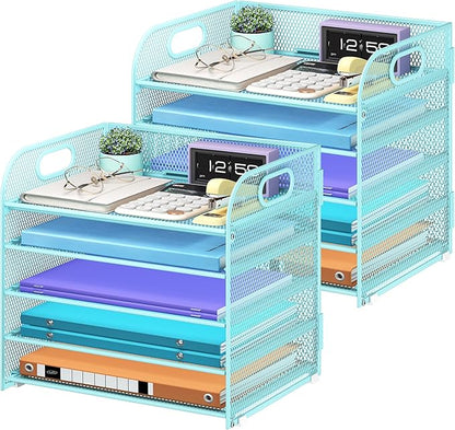 2 Pack 5 Tier Paper Organizer, Letter Tray with Handle, Mesh Desk Organizer, Metal File Organizer, Office Desk Accessories for Home, Office, Classroom, School -Blue