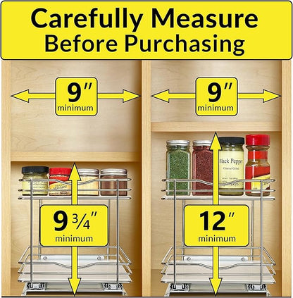 LYNK PROFESSIONAL® Pull Out Spice Rack Organizer for Inside Kitchen Cabinets - 8-3/8 inch Wide - Slide Out Drawer – Chrome Sliding Spice Organization for cabinet - Spice Racks - 2 Tier