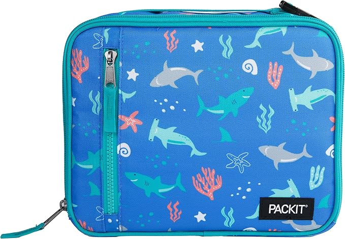 PackIt Freezable Classic Lunch Box, Sea Shark, Built with EcoFreeze® Technology, Collapsible, Reusable, Zip Closure With Zip Front Pocket and Buckle Handle, Designed for Fresh Lunch On the Go