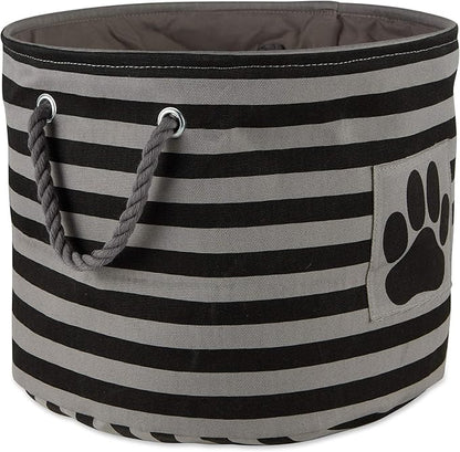 Bone Dry Pet Storage Collection Striped Paw Patch Bin, Black, Small Round