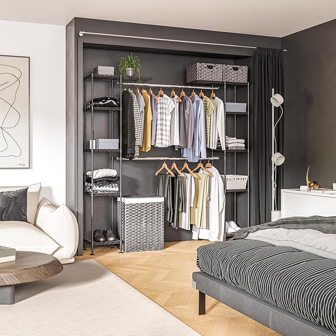 Seville Classics Closet Garment Organizer with Metal Hanging Rod Wardrobe Storage System, w/ Steel Shelves for Clothes, Shirts, Jackets, Coats, Blankets, Shoes, Satin Bronze, Expandable Rack