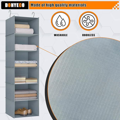 Hanging Closet Organizer and Storage 6-Shelf, Easy Mount Foldable Hanging Closet Wardrobe Shelves, Clothes Handbag Shoes Accessories Storage, Washable Oxford Cloth Fabric, Grey