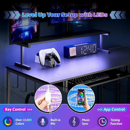 Computer Desk, L Shaped Gaming Desk with Monitor Stand & Storage Shelf & LED Light & USB Power Outlet, Reversible Shelves Corner Table with Keyboard Tray for Gaming, Home Office, Study