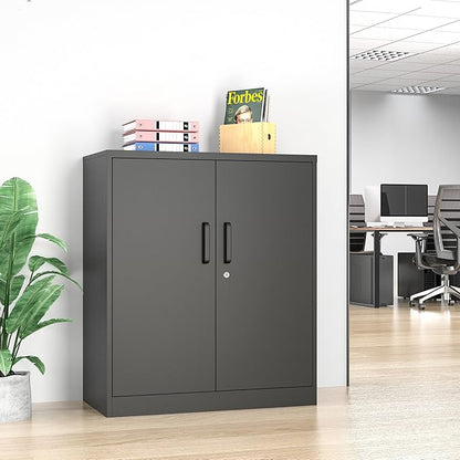 Metal Storage Cabinet, 2 Doors Garage Cabinets, Steel Utility Tool Caninet, Short Locking Caninets with Adjustable Shelves, Black Lockable File Cabnet Cupboard for Home/Office/School/Shop
