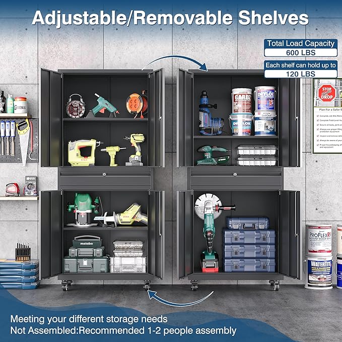 Black Metal Storage Cabinet with Wheels, 73" Tall Garage Rolling Storage Cabinets with Doors and Shelves, Lockable Tool Caninet Steel Locking Cabnets for Home Office, Garage, Pantry