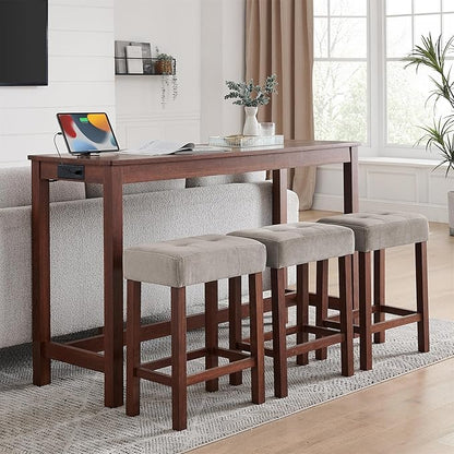 59" Power Outlet Mid Century Console Table, Slim Console Table with Solid Wood Frame, Long Narrow Console Tables for Living Room & Kitchen, Cherry
