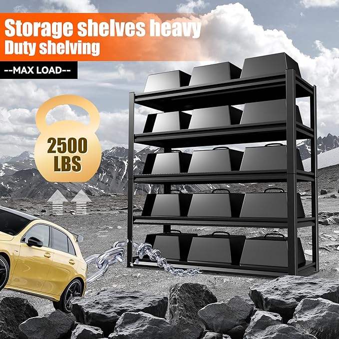 48" W Storage Shelves 2500LBS Garage Shelving Heavy Duty 5 Tier Adjustable Shelving Unit Metal Storage Rack for Basement Warehouse Supermarket 23.6" D x 47.2" W x 72" H