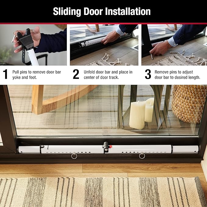 Master Lock Sliding Door Stopper and Door Security Bar, Adjustable for Hinged and Sliding Doors, Compact Enough to Travel for Hotel Security, White, 270EC