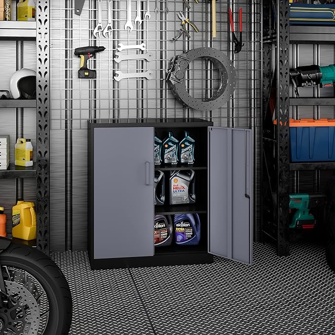 Metal Storage Cabinet, Storage Cabinet with 2 Doors and Shelves, Metal Cabinet with Lock, Small Lockable Cabinet for Home Office (Black Grey)