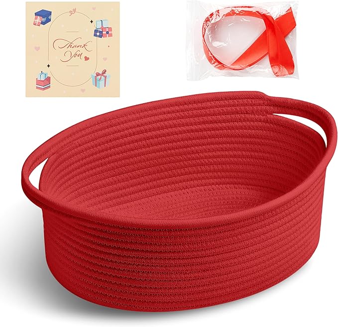 Small Woven Red Gifts Basket for Storage Empty with Ribbons and Bags Durable Cute Gifts 12"X 8" X 5" Small Rope Basket for Gifting
