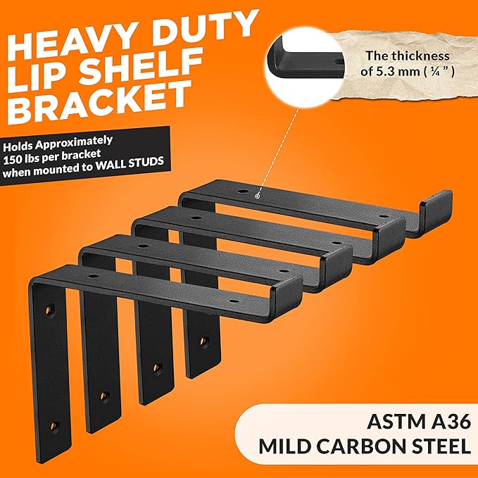 BATODA 8” Shelf Brackets with Lip (Match 7.25" Board) - 6 Pcs Z Shelf Bracket Black - Heavy Duty Hook Brackets for Shelves - Wall Mounted Support for DIY - Shelving Hardware Included (Pack 6)