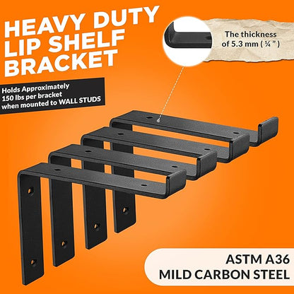 BATODA 8” Shelf Brackets with Lip (Match 7.25" Board) - 6 Pcs Z Shelf Bracket Black - Heavy Duty Hook Brackets for Shelves - Wall Mounted Support for DIY - Shelving Hardware Included (Pack 6)