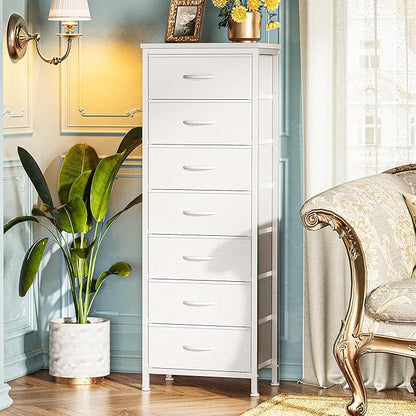 Huuger Tall Dresser for Bedroom, 7 Drawer Dresser & Chests of Drawers, Fabric Drawer for Closet, Bedroom, Night Stand, Metal Frame, Storage Tower with Fabric Bins, White