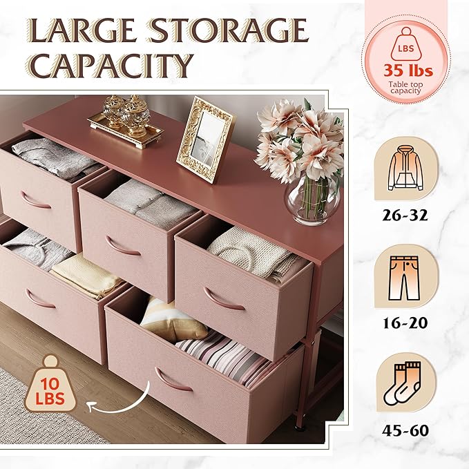 WLIVE Dresser for Bedroom with 5 Drawers, Wide Chest of Drawers, Fabric Dresser, Storage Organization Unit with Fabric Bins for Closet, Living Room, Hallway, Pink and Rose Gold