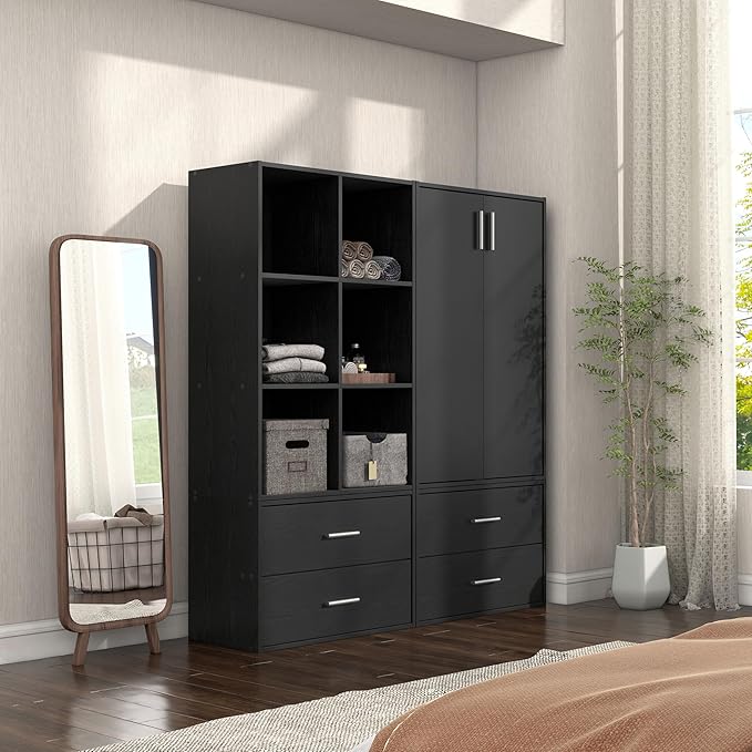 Homes: Inside + Out Apexa 6-Cube Storage Organizer Shelves, Stackable Wood Bookcase Fits Cubby Bins for Organization, Dorm Teen Room Decor & Home Office, Black