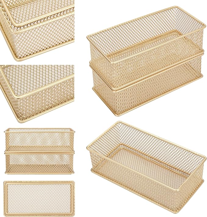 Annova Mesh Stackable Drawer Cabinet and Shelf Organizer Bins Storage Basket School Office Supply Holder Tray- Set of 2 (Gold, 3x6x2 Inch)
