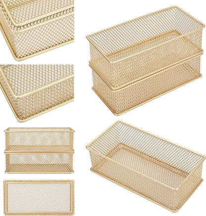Annova Mesh Stackable Drawer Cabinet and Shelf Organizer Bins Storage Basket School Office Supply Holder Tray- Set of 2 (Gold, 3x6x2 Inch)