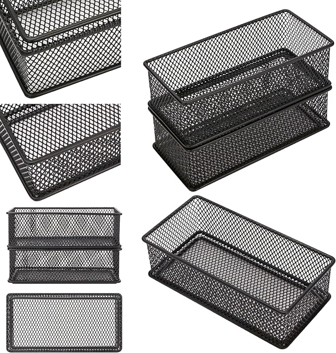 Annova Mesh Drawer Cabinet and Shelf Organizer Bins Storage Basket School Office Supply Holder Tray- Set of 2 (Black, 3x6x2 Inch)
