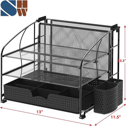 Simple Houseware 3-Tier Desk Organizer with Sliding Drawer, Hanging File Holder and Pen Holder Accessory, Black