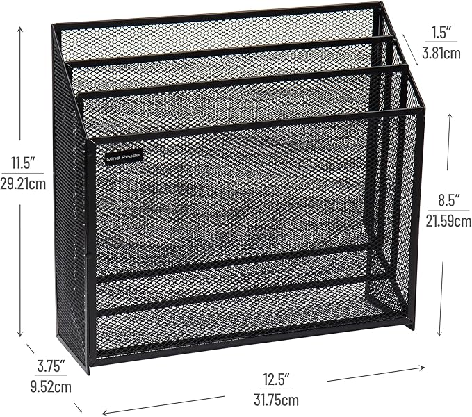Mind Reader Vertical File Storage, Desktop Organizer, Workspace, Office, Metal Mesh, 12.5"L x 3.75"W x 11.5"H, Black