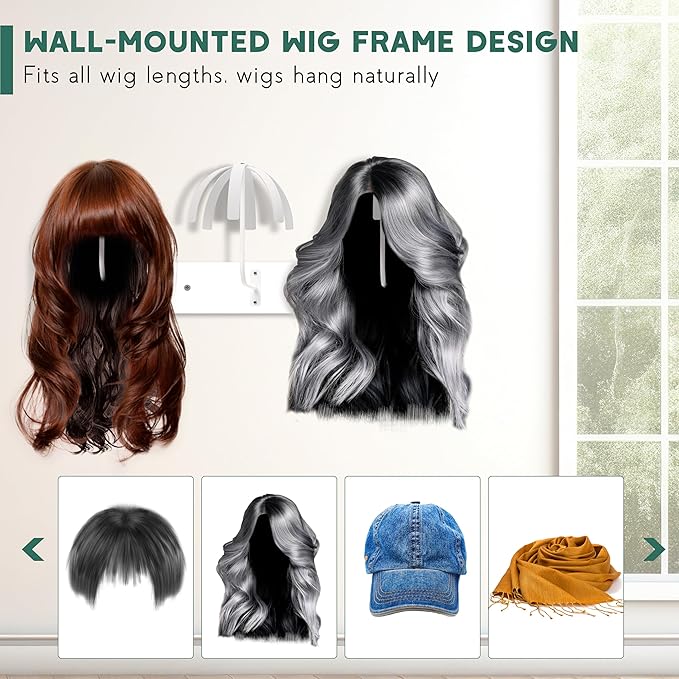 Hanging Wig Stand for Multiple Wigs, 6 PCS Wall Mounted Wig Hanger Holder, Sturdy Wig Storage Organizer Rack for Display, Storage, Styling, Drying (Carbon Steel and Wood)