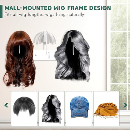 Hanging Wig Stand for Multiple Wigs, 6 PCS Wall Mounted Wig Hanger Holder, Sturdy Wig Storage Organizer Rack for Display, Storage, Styling, Drying (Carbon Steel and Wood)