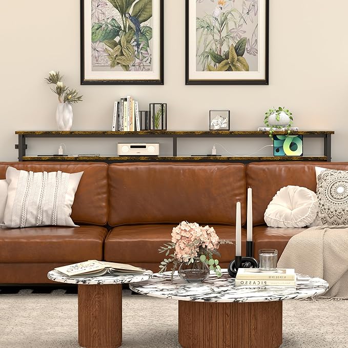78 Inch Double-Layer Narrow Console Sofa Table with 2 Power Outlets&4 AC Plugs&4 USB Ports, 4.9' Extension Cord Included, Behind Couch Table for Living Room/office Easy Assembly - Rustic Brown