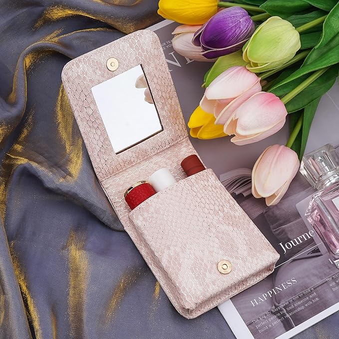 Pink Lipstick Holder, Lipstick Case with Mirror, Mini Portable Makeup Holder for Women Girls, for Outside Mini bag Travel Cosmetic Pouch (1Pcs)