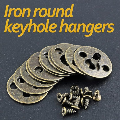 Piutouyar 48Pcs Round Keyhole Hangers, Picture Frame Shelf Keyhole Bracket Metal Keyhole Hanger Fasteners with Screws (Bronze Tone)