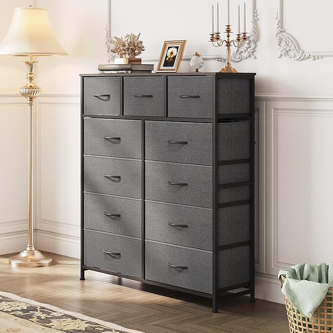 WLIVE Tall Dresser for Bedroom, Fabric Dressers Storage Tower, Dresser & Chest of Drawers Organizer Unit with 11 Drawers, Storage Cabinet, Hallway, Closets, Steel Frame, Wood Top, Dark Grey