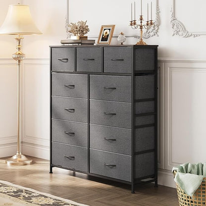 WLIVE Tall Dresser for Bedroom, Fabric Dressers Storage Tower, Dresser & Chest of Drawers Organizer Unit with 11 Drawers, Storage Cabinet, Hallway, Closets, Steel Frame, Wood Top, Dark Grey
