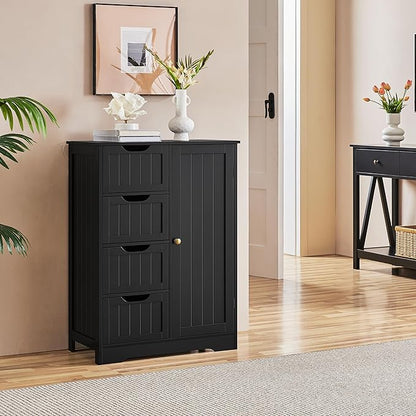 Yaheetech Wooden Storage Cabinet, Bathroom Storage Organizer with 4 Drawers & 1 Cupboard, Freestanding Cabinet Table for Bathroom, Entrance Area, Kitchen, Black