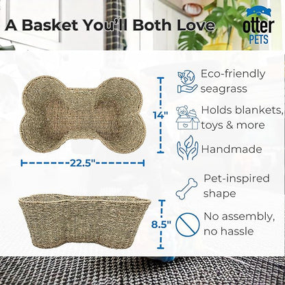 Dog Toy Basket, Seagrass Bone Shaped Dog Toy Bin, Handmade Pet Organizer And Storage, Toy Box for Cats (Large (22x14))