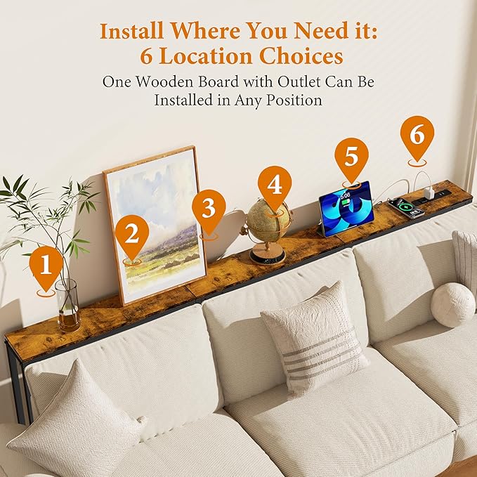 Narrow Console Table with Outlet, 70.9" Sofa Table Narrow Long, L Shaped Behind Couch Table, Skinny Entryway Tables with Charging Station,3 Assembly Options for Living Room,Hallway (Rustic Brown,70IN)