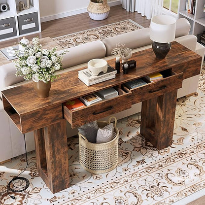 63" Industrial Console Table with Outlets and 2 Drawers, Rustic Long Sofa Table for Living Room, Bedroom, Hallway, Entryway Storage and Display