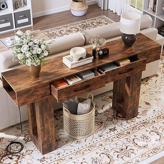63" Industrial Console Table with Outlets and 2 Drawers, Rustic Long Sofa Table for Living Room, Bedroom, Hallway, Entryway Storage and Display