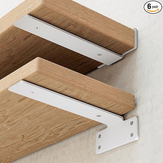 Shelf Brackets, Heavy Duty Floating Shelf Brackets 12-Inch Long, 6-Pack Brackets for Shelves, Matte White L Hidden Metal Wall Shelf Support Shelving Brackets, 1/5-Inch Thick 160 lb. Load Capacity