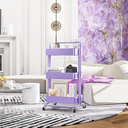 Metal Rolling Storage Cart, 3-Tier Utility Cart with Wheels, Multifunctional Organizer Storage for Kitchen, Bedroom, Office, Laundry Room, Dorm Room Essentials (Purple)