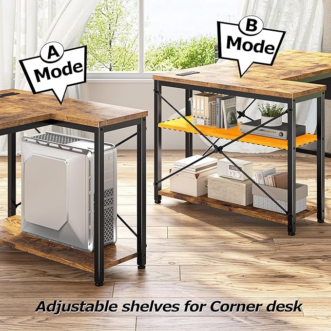EnHomee 48" Small L Shaped Computer Desk with Power Outlets,Office Desk with Reversible Storage Shelves&Side Bag,Small Corner Desk for Working Space Home Office Bedroom,Study Writing Table,Brown