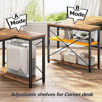 EnHomee 48" Small L Shaped Computer Desk with Power Outlets,Office Desk with Reversible Storage Shelves&Side Bag,Small Corner Desk for Working Space Home Office Bedroom,Study Writing Table,Brown