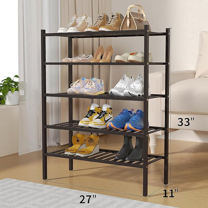 5 Tier Bamboo Shoe Rack for Closet Free Standing Wood Shoe Shelf for Entryway Small Space Stackable 27"x11"x33" (Brown)