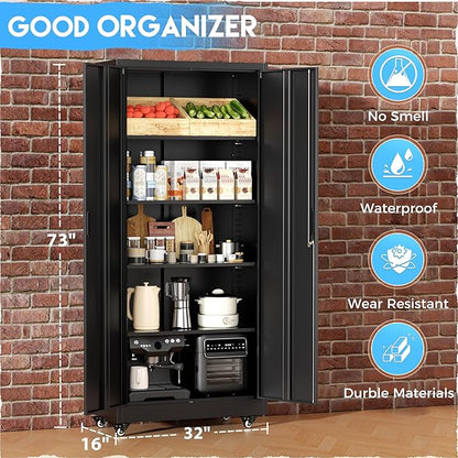 Greenvelly Metal Garage Storage Cabinet with 4 Swivel Wheels, 73” Black Storage Cabinet on Wheels, Rolling Tool Cabinet with Locking Doors and Shelves for Home, Basement, Kitchen Pantry, Warehouse