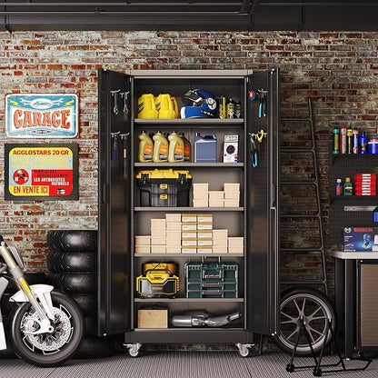 Aobabo 71" H×32" W×16" D Metal Storage Cabinet with Wheels, Garage Steel Storage Cabinet with 5 Adjustable Shelves and 4 Hooks for Home Office, Kitchen, Assembly Required, Black