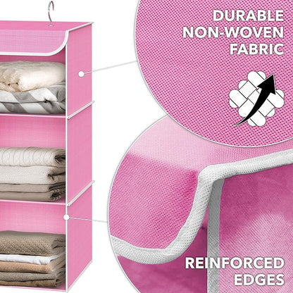 Simple Houseware 3-Shelf Hanging Closet Organizer, Fabric Storage Shelves with 57L Capacity, Pink