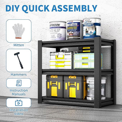 3-Tier Metal Shelf, Small Storage Shelves Heavy Duty Garage Shelving Organization, Utility Tool Storage Racks for Workshop Basement Kitchen Balcony (Black)