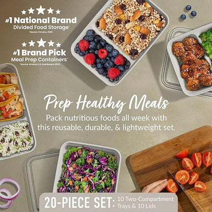 Bentgo Prep - 20-Piece 2-Compartment Reusable Meal Prep Containers with Lids, PFAS & BPA Free Materials, Durable, Microwave, Freezer, & Dishwasher Safe To Go Food Storage (Whisper Gray)